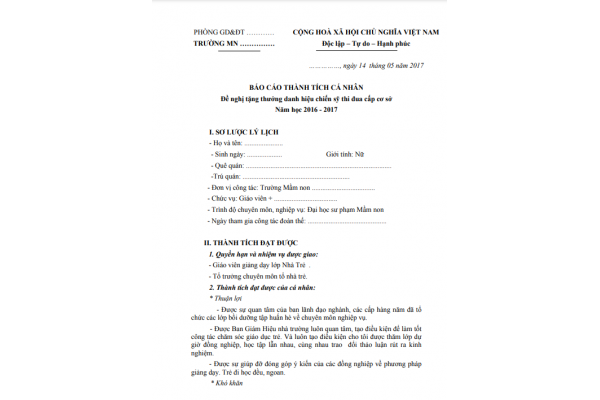 Mẫu báo cáo thành tích cá nhân của giáo viên mầm non